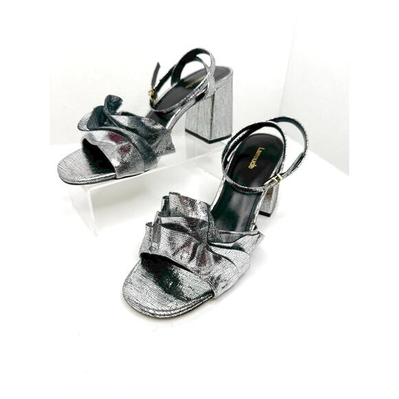 Larroudé Selena Ruffle Ankle Strap Sandal Pump  in pewter Silver sz 9.5 - Picture 5 of 9